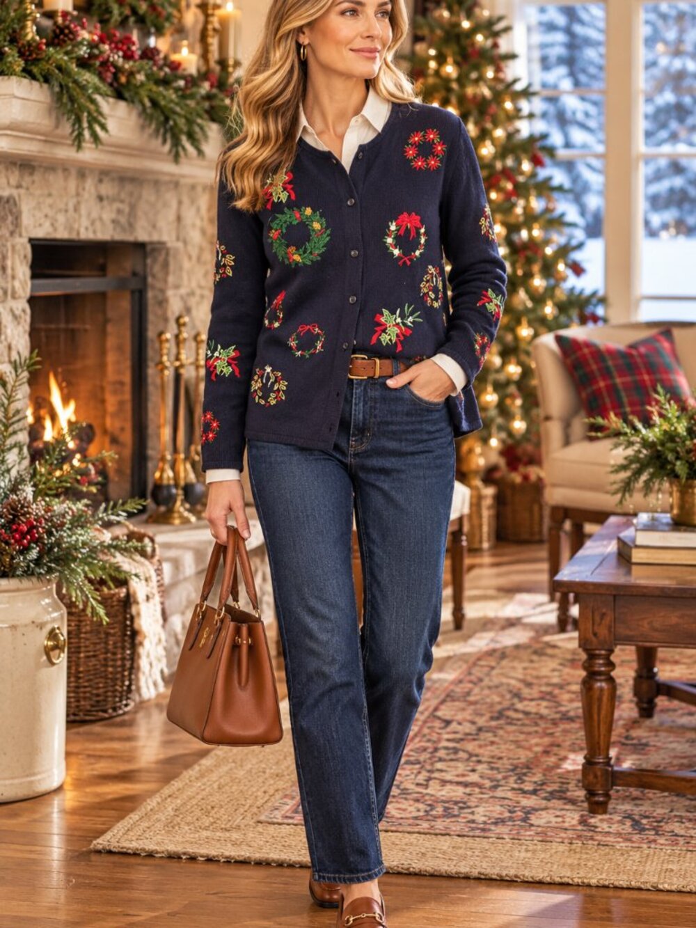 Y2K Talbots Navy Embroidered Holiday Wreath Cardigan Women's Large